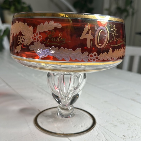 Vintage 40th RUBY ANNIVERSARY Fruit Bowl, Crystal Ruby&Gold Etched Pedestal Dish - Picture 2 of 12